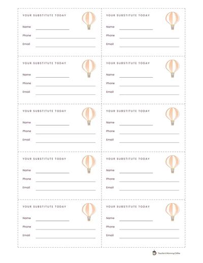Page 5: ten substitute contact cards with name, phone and email lines