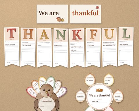 A Thanksgiving bulletin board from the K-1 set: a We are thankful header, THANKFUL banner letters with student writing, a turkey and a gratitude wreath